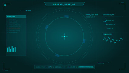 Obraz premium A futuristic digital head-up display interface featuring a central circular reticle, system logs, atmospheric data, and frequency analysis graphs in a cyan color scheme on a dark background.