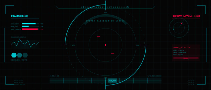 A futuristic digital head-up display interface featuring a circular targeting reticle, diagnostic data bars, and threat level indicators on a dark grid background with teal and red accents.