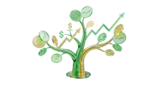 Profitable growth concept with money tree and rising charts