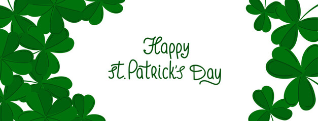 St. Patrick Day background with shamrock border. Green clover leaves frame. Irish holiday card template. Minimalist flat illustration