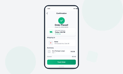 A smartphone displays a mobile application interface for an order confirmation. The screen shows a green checkmark, delivery details, shipping address, and a summary of the purchase.