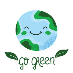 Cute Earth Day planet with Go Green text. Kawaii smiling Earth character with green leaves. Eco friendly concept for environmental awareness and sustainability. Bright minimalist flat design