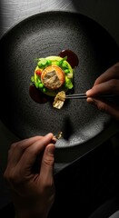 Hands serving healthy gourmet food dish.