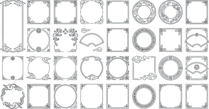 Collection of intricate oriental decorative borders and frames with auspicious cloud motifs and mythical creatures for design elements