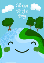 Happy Earth Day greeting card. Cute smiling planet with green trees and white clouds banner. Eco friendly concept for kids. Vertical flat vector illustration for holiday posters and social media