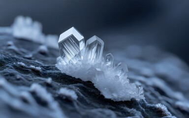 Extreme close up macro photography reveals perfect geometric structure of delicate ice crystals forming upon dark surface.