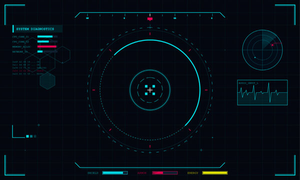 A futuristic heads-up display interface featuring a central targeting reticle, system diagnostics, radar, and status bars for shield, armor, and energy on a dark grid background.