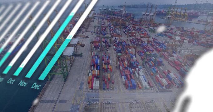 Aerial container yard showing faint data appearing, bars filling, globe fading, tracking trade