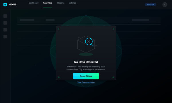 A dark mode user interface displays a modal window with a no data detected message. The screen features a magnifying glass icon and a bright cyan reset filters button on a black background.