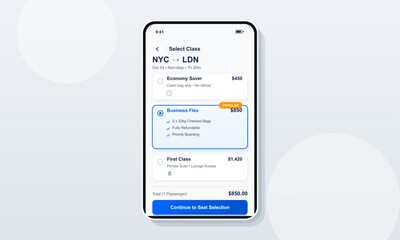 Obraz premium A mobile application interface displays flight class options for a trip from New York to London, featuring economy, business, and first class selections with pricing and details.