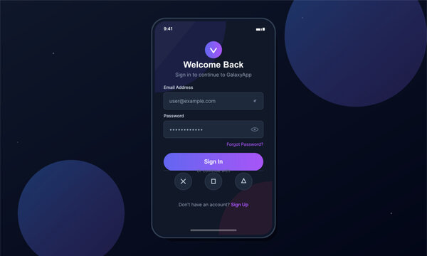 This user interface design for a mobile app shows a login page with a dark cosmic background, input fields for credentials, and a purple gradient button on a smartphone display.
