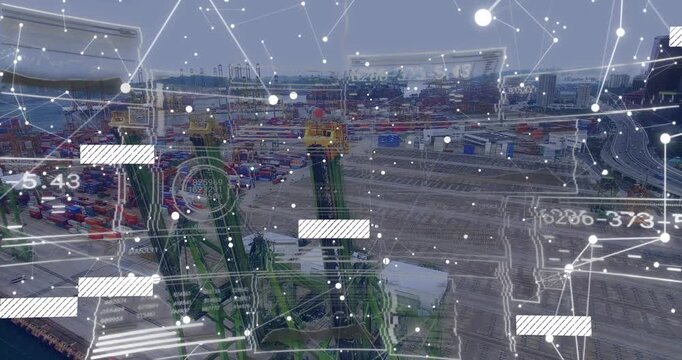 Drone panning showing green gantry cranes while HUD nodes sliding and metrics updating for port ops