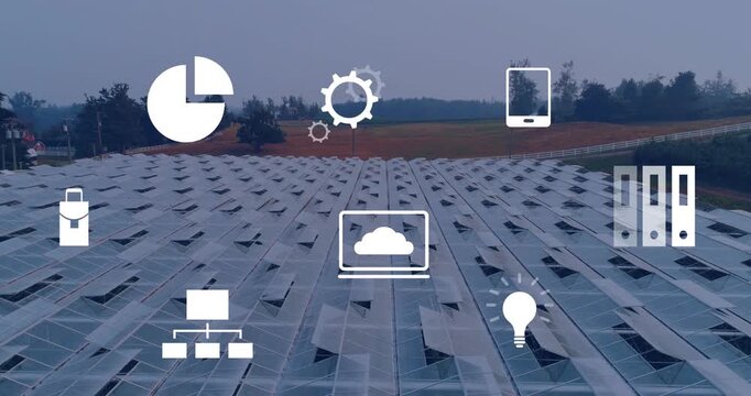 Camera starting icons floating over large roof panels pulsing shifting returning to show farm data