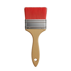 A paint brush with red bristles and a wooden handle