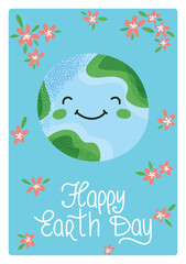 Happy Earth Day greeting card. Cute smiling planet Earth with pink flowers on blue background. Eco friendly concept. Vertical flat illustration for holiday posters and social media