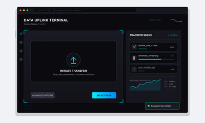 Obraz premium This dark mode user interface displays a data uplink terminal with a file upload area, transfer progress bars, network performance graphs, and a secure encryption status.