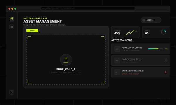 A dark mode digital user interface for asset management featuring a file upload drop zone, active transfer list, storage statistics, and a futuristic tech aesthetic.