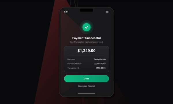 A smartphone screen displays a successful payment confirmation for one thousand two hundred forty-nine dollars with a green checkmark icon and transaction details on a dark background.