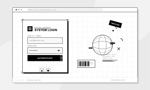 A minimalist black and white digital interface for a secure system login featuring a user authentication form, a technical globe graphic, and a grid background in a browser window.