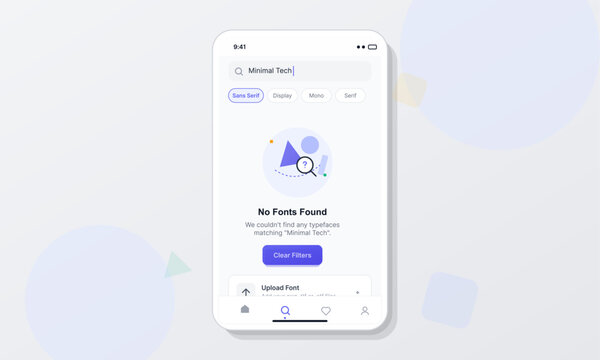 A mobile application interface displays a no results found screen for a font search. The clean UI design features a search bar, filter chips, and a central graphic illustration.