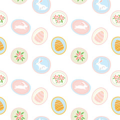Cute Easter seamless pattern with bunnies, eggs, and flowers in pastel medallions. For spring textiles, nursery decor, and holiday gift wrap. Sweet minimalist flat design for kids