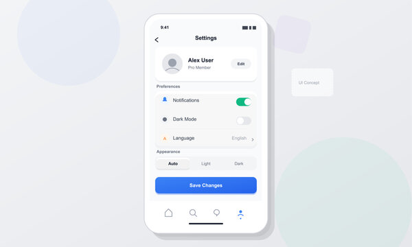 A clean mobile application user interface design for a settings screen featuring profile information, notification toggles, language preferences, and appearance mode options.