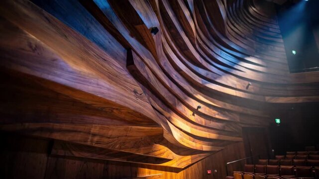 Focused medium shot on the undulating wooden acoustic baffles in a symphony hall as vivid colored lights create a moody atmosphere background softened.