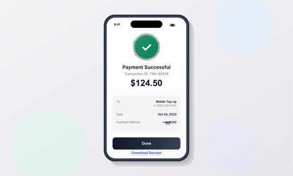 A mobile phone screen displays a successful payment confirmation for a one hundred twenty-four dollar transaction featuring a green checkmark and digital receipt details.