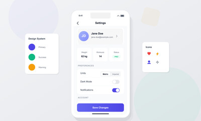 Naklejka na ściany i meble A mobile application user interface design for a settings screen featuring profile information, workout statistics, preferences toggles, and a design system with color swatches and icons.