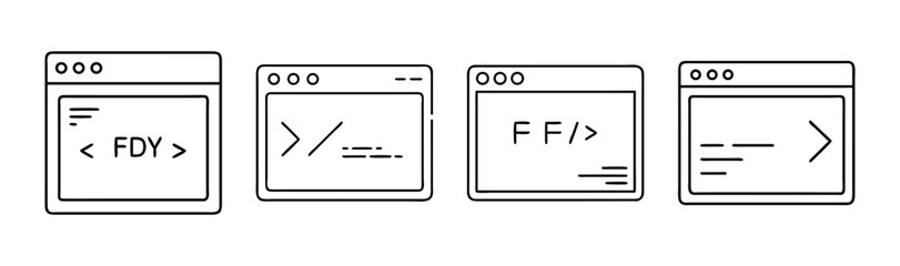 Fototapeta premium Set of command line interface and terminal window icons for coding and programming.
