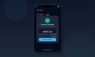 A mobile phone screen shows a successful premium subscription unlock message for a weather app. The dark mode interface includes payment details and a blue return to forecast button.
