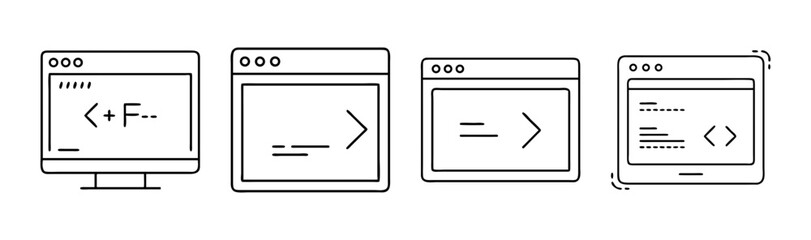 Collection of computer terminal and command line interface icons for software development.