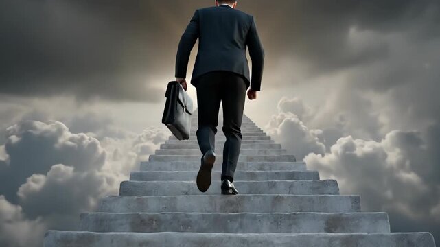 Motivated professional climbing a steep career ladder toward ultimate success, representing personal achievement, ambition, and the challenging path of corporate advancement