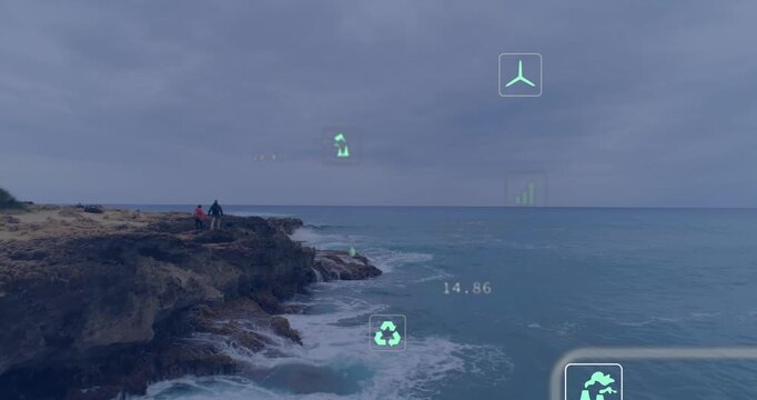 Couple walking coastal bluff while camera shifting, floating icons visualizing CO2 numeric readouts