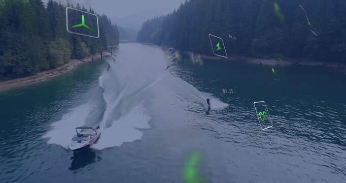 Boat driver starting boat, rider carving wake spraying, green icons drifting past rider for sports