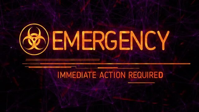 Biohazard emblem appearing starting HUD bars sliding and letters forming EMERGENCY urging action