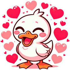 A duck surrounded by floating hearts