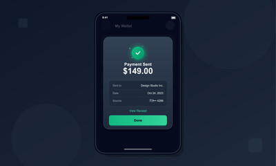 A mobile phone screen shows a successful digital payment confirmation for one hundred forty nine dollars. The dark mode interface includes a green checkmark and transaction details.