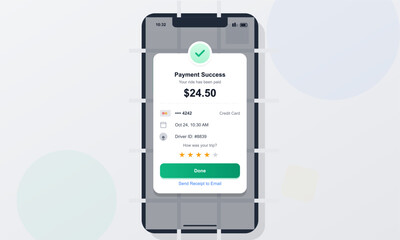 Naklejka na ściany i meble A flat vector illustration of a smartphone displaying a payment success screen for a ride service, featuring a transaction amount, driver details, and a star rating interface.