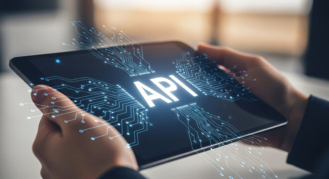 Tablet Displaying API Text with Circuit Board Design, Illustrating Application Programming Interface, Software Development, and Technological Integration