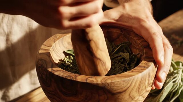 Close-up of hands grinding herbs in a wooden mortar and pestle.