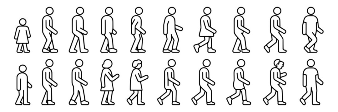People walking icon set with stick figure men, women and kids in different step poses, outline line art pictograms for pedestrian movement, crowd animation frames