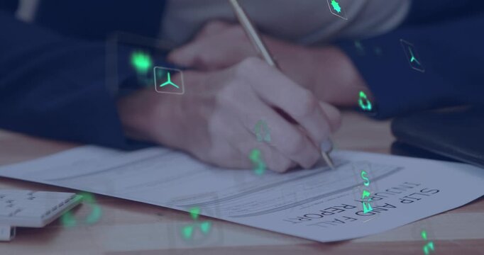 Right hand filling form, pen touching paper starting action, icons drifting, clustering for record