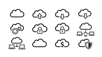Fototapeta premium Cloud Computing Icons Set: Upload, Download, Security, Network, Finance, Gears, Stock Media