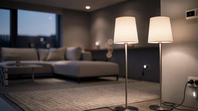 A lounge area with energyefficient LED floor lamps in focus surrounded by softly blurred ambient lighting and subtle motion sensor devices.