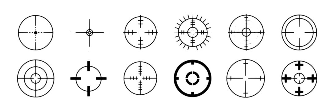 Crosshair reticle scope icons set with circular target marks, gun sight overlays and HUD aiming symbols in black outline style, isolated on white for games and UI