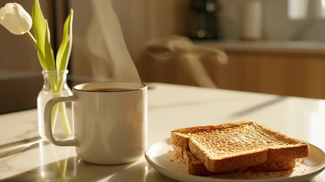 Breakfast scene with coffee, toast, and a beautiful white tulip in a vase.