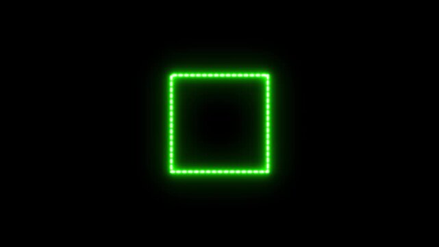 Neon glowing dot square rectangle picture frame icon animation border frame shape rotating display screen. luminous banner animation.