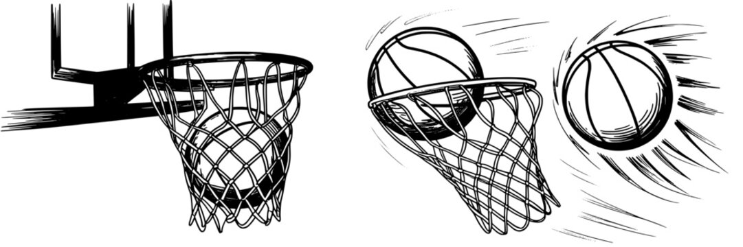 Basketball hoop sketch set with backboard rim and net, ball swishing through basket, dynamic motion lines, black ink doodle style sports vector illustration