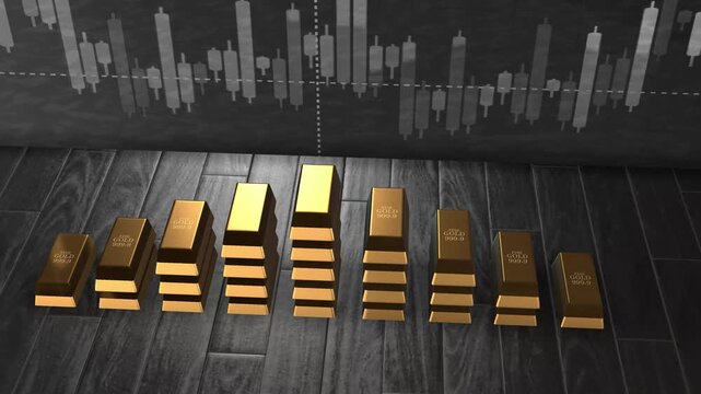 Gold bars stacked on a table in front of a stock chart